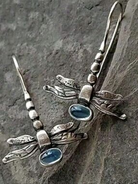 Sterling Dragonfly Dangle Earrings with Blue Cabochon
